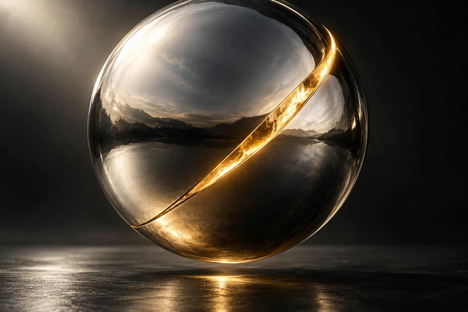 A silver sphere opening around a seam of gold light