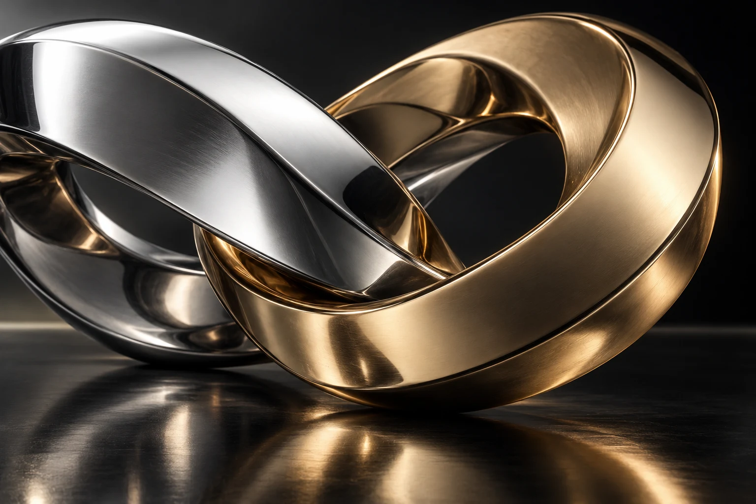 Sculptural silver and gold bands joined together