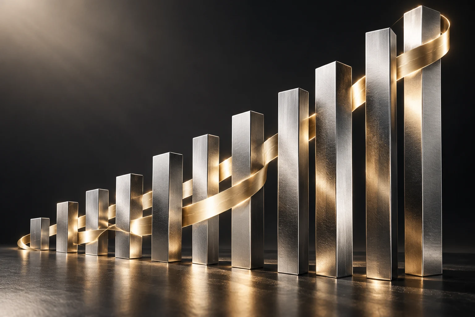 Silver pillars connected by a rising gold ribbon